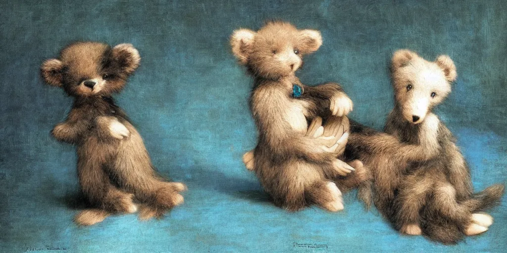 Prompt: 3 d precious moments plush animal, realistic fur, stuffed animal, teal, deep blue, storm, graves, night, master painter and art style of john william waterhouse and caspar david friedrich and philipp otto runge