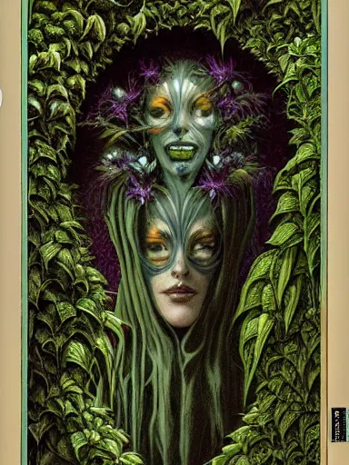 Image similar to The Hanging-Gardens of Pareidolia, lobelia, ivy, verbena and pothos growing facial features and optical-illusions, aesthetic!!!!!!!!!!, by Gerald Brom in the style of Johfra Bosschart in the style of,