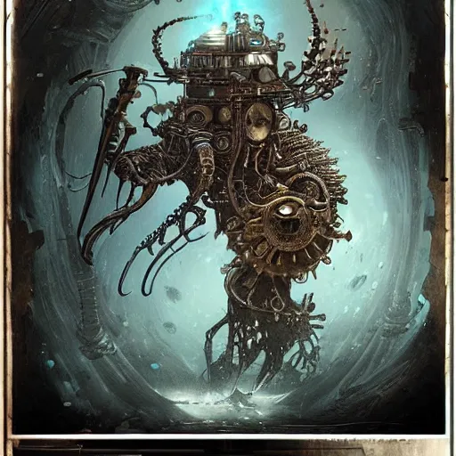 Prompt: a full page concept designs of extraterrestrial dark creature concept art, steampunk blueprint, intricate details, ink on paper, scientific, Highly detailed labeled, poster, Peter Mohrbacher