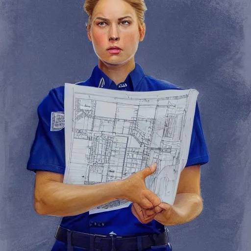 Prompt: epic portrait a slightly muscular woman wearing short sleeved uniform in blue and carrying a construction plan blueprint, detailed, centered, digital painting, artstation, concept art, donato giancola, Joseph Christian Leyendecker, WLOP, Boris Vallejo, Breathtaking, 8k resolution, extremely detailed, beautiful, establishing shot, artistic, hyperrealistic, beautiful face, octane render