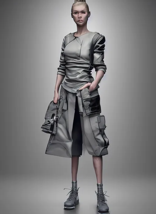 Prompt: an octane render realistic portrait by nick knight of a russian girl detailed features wearing a cargo wedding dress - sporty, sleek, tech utility - chic trend. lots of zippers, pockets, synthetic materials, jumpsuits chic'techno fashion trend by issey miyake and balenciaga