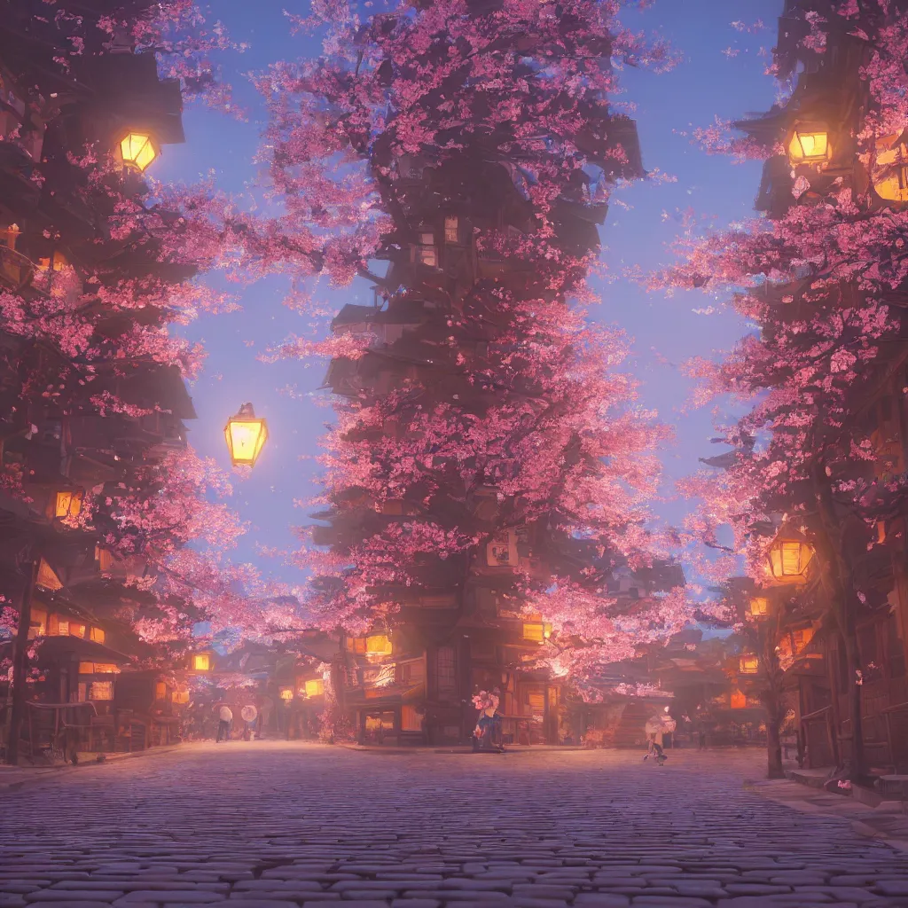 Image similar to Japanese street at night, cherry blossom petals, highly detailed, 3D render, digital art, artstation, 8K photography, matte photo-realistic, by Hayao Ghibli Miyazaki, breath of the wild style