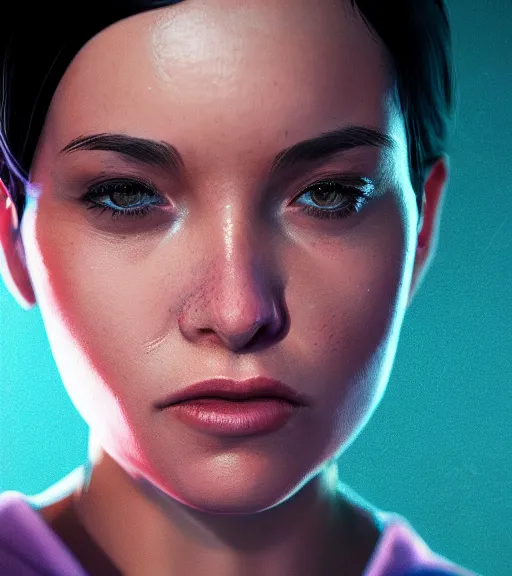 Image similar to highly detailed macro shot of a female portrait with a look of disgust, in gta v, unreal engine, loish, rhads, makoto shinkai and tom bagshaw, reflective global illumination, god rays, detailed and intricate environment