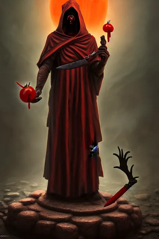 Image similar to an ancient statue of a hooded cultist is holding a bloody knife in one hand and a tomato on the other, standing in a forgotten temple to an eldritch god, by patrick mcenvoy and michael komarck and fantasy flight, incredible quality, trending on artstation