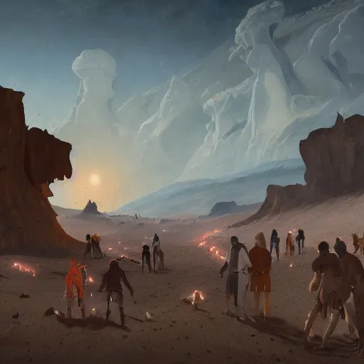 Image similar to adventuring party, enchanted meadows on a plateau melting landscape on Mars by Neo Rauch, break of dawn, lights in distance, Greg Rutkowski