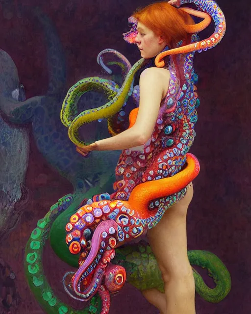 Image similar to a beautiful girl wearing a colourful octopus as a dress, painted by edgar maxence, edward hopper, wayne barlowe and james gilleard, airbrush, art by jamesjean