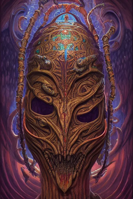 Prompt: hyper detailed, mindflayer tribal mask in the style of tarot art, matte painting by Jeremiah Ketner, Annato Finnstark, Thomasz Alen Kopera, and Thomas Kinkade. artstation, insanely 3d, 4k, shamanpunk