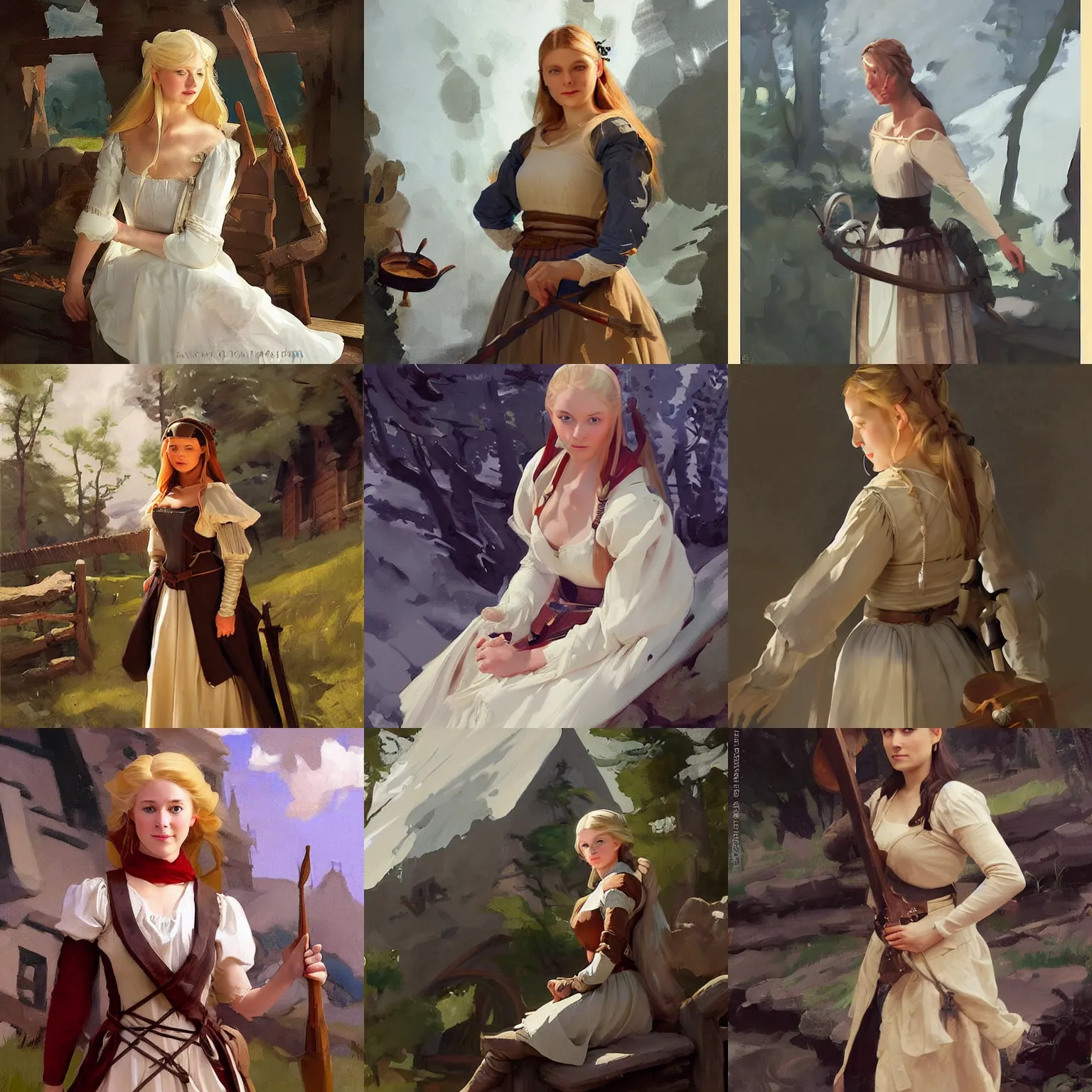 Prompt: portrait of medieval village finnish norway scandinavian maiden wearing 1 8 th century stay jodhpurs greg manchess painting by sargent and leyendecker, studio ghibli, fantasy, medium shot, asymmetrical, intricate, elegant, matte painting, illustration, hearthstone, by greg rutkowski, by greg tocchini, by james gilleard, by joe fenton