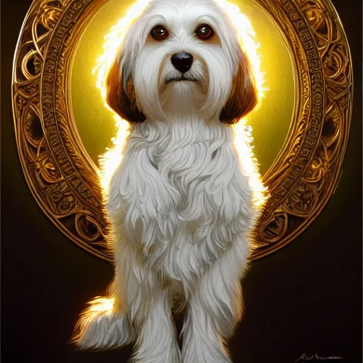 Image similar to beautiful detailed picture of a havanese, radiant light, art nouveau, intricate, elegant, highly detailed, my rendition, digital painting, artstation, concept art, smooth, sharp focus, illustration, art by artgerm and greg rutkowski and alphonse mucha