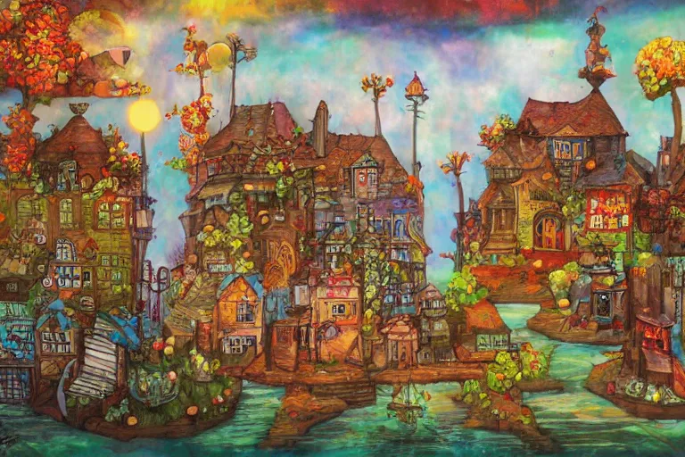 Image similar to a fantasy town, mixed media on canvas, 2 d, whimsical,