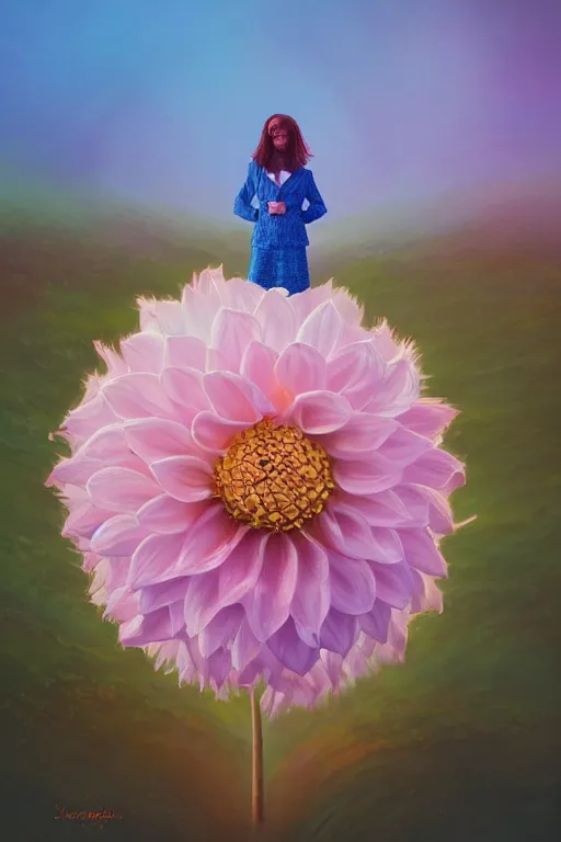 Image similar to closeup giant dahlia flower head, girl in a suit, surreal photography, blue sky, sunrise, dramatic light, impressionist painting, digital painting, artstation, simon stalenhag