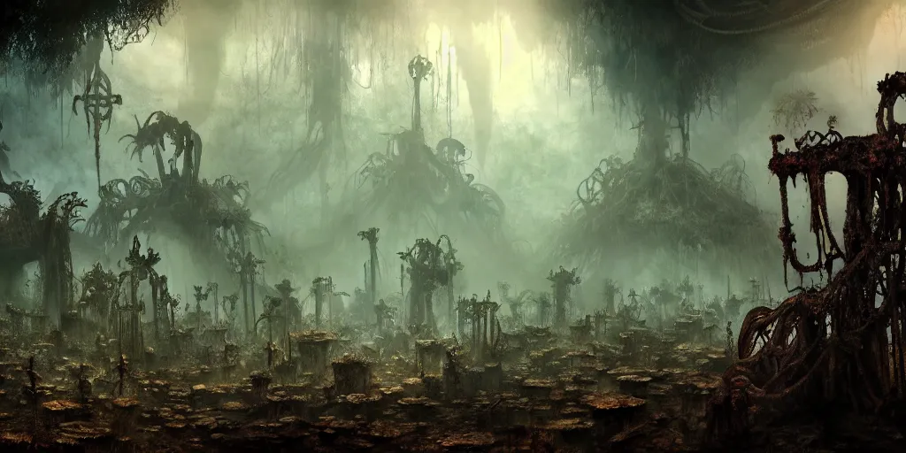 Prompt: shrouded in the rotting jungle are the mouths of the rust - caves of golgotha, chrome's graveyard, screenshot, concept art, retrofutistic, science fantasy, rpg, epic, extremely detailed, sharp focus, 4 k