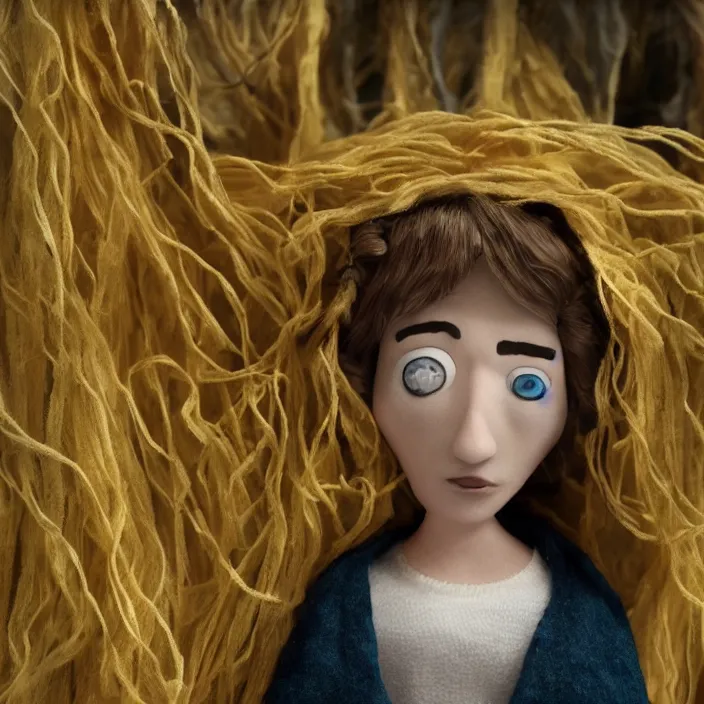 Prompt: a closeup portrait of a sad woman wearing a cloak made of ribbons, standing next to an empty swing playground, stop motion animation, claymation, anomalisa