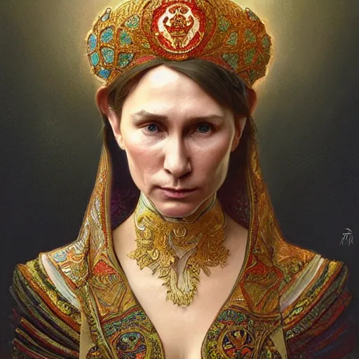 Image similar to a portrait of putin, upper half portrait, decorated with russian motifs, traditional russia, intricate, elegant, highly detailed, symmetry, headpiece, digital painting, artstation concept art smooth sharp focus, illustration, art by artgerm and greg rutkowski alphonse mucha 8 k