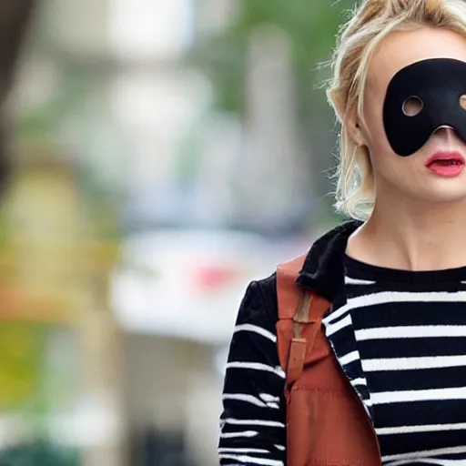 Image similar to margo robbie in a striped shirt and a robber mask