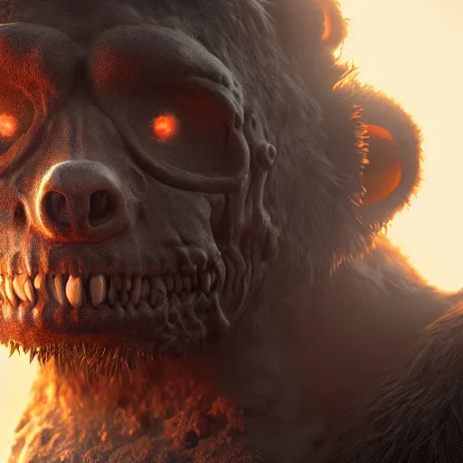 Image similar to a mutated bear monster illuminated by warm light, skull protruding from face, warped flesh, dreamlike, intricate detail, 3d render, octane render, god rays, depth of field, trending on artstation, 4k, hd