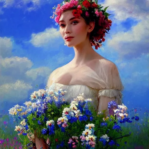 Image similar to a portrait of a romantic woman with flowers grow out of hair, roses peonies forget-me-nots dahlias lupins gladioli, sky theme in background, by Alexandr Averin, Digital Art, Trending on artstation