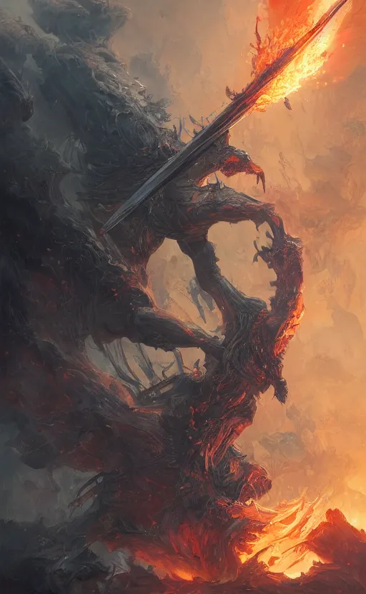 Image similar to close view of sword, flames, show room background, front game card, drark, marvel comics, dark, intricate, highly detailed, smooth, artstation, digital illustration by ruan jia and mandy jurgens and artgerm and wayne barlowe and greg rutkowski and zdislav beksinski