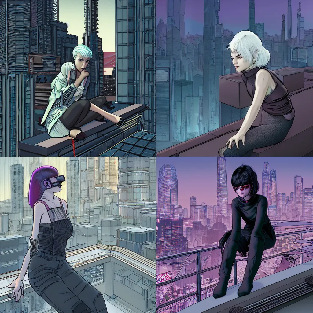 Prompt: young woman with short white hair and grey eyes. She is apathetic. She is wearing cyberpunk clothing. She is sitting on a rooftop ledge. The ledge overlooks a modern city skyline. Album art in the style of Moebius, in the style of Peter Chung,