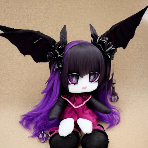 Image similar to cute fumo plush of a magical girl from the depths of hell, crying mascara, gothic maiden of the dark, tattered wings, decay, halloween, cursed, vray