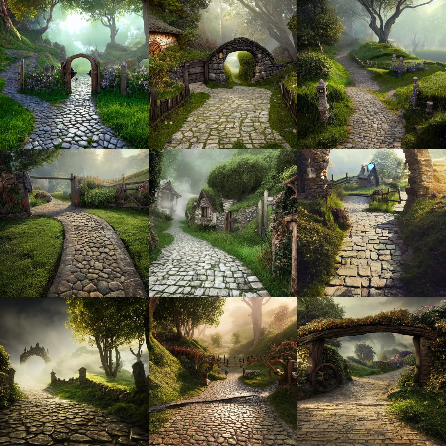 Prompt: cobblestone path leading to the wooden gates to the shire, hobbiton, intricate detail, volumetric lighting, epic composition, hyper detailed, ultra realistic, sharp focus, octane render, volumetric, ray tracing, sense of awe, swirling mist, 4 k