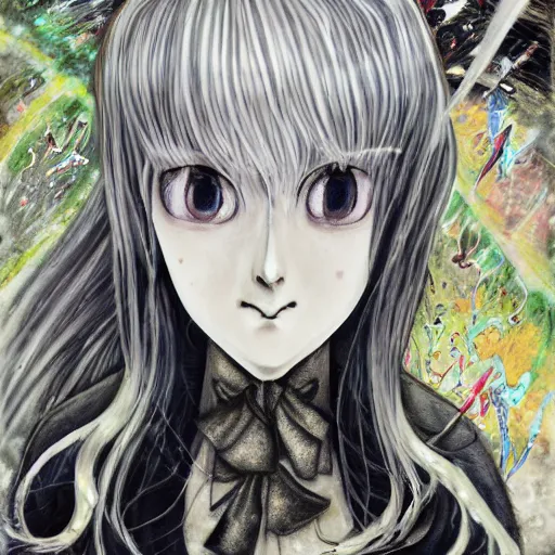 Image similar to yoshitaka amano realistic illustration of a manga girl with black eyes and long wavy white hair wearing dress suit with tie and surrounded by abstract junji ito style patterns in the background, blurry and dreamy illustration, noisy film grain effect, highly detailed, oil painting with expressive brush strokes, weird portrait angle