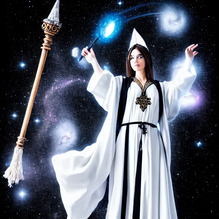 Prompt: professional photograph of a real - life beautiful elemental space witch with ornate white and black robes and staff. extremely detailed. 8 k