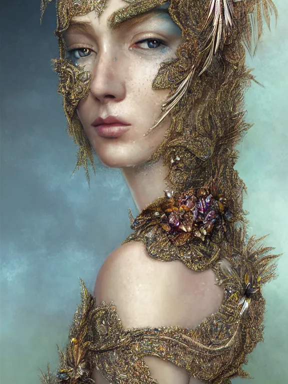 Image similar to realistic 3d character render of a beautiful woman, veiled, embellished sequined,feather-adorned,by tom bagshaw,Cedric Peyravernay,William Holman Hunt,William Morris,Catherine Nolin,metropolis,Gucci,Dior,intricate, elegant, highly detailed, digital painting, artstation, concept art, smooth, sharp focus, illustration,maximalist,glittering,feminine