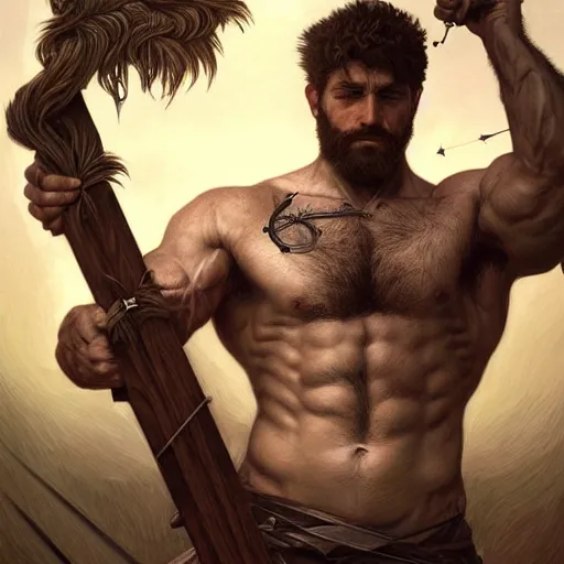 Image similar to portrait of a gruff ranger carrying the holy lance of longinus, Cain, muscular, hairy body, intricate, elegant, highly detailed, digital painting, artstation, concept art, matte, sharp focus, illustration, art by Artgerm and Greg Rutkowski and Alphonse Mucha