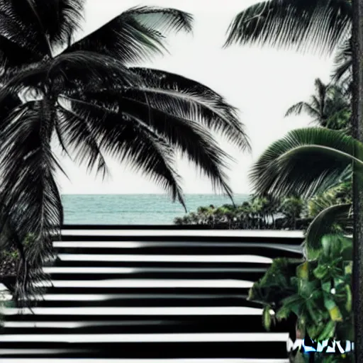 Image similar to miracle musical Hawaii part ii album cover, showing an ocean in the background, spiral transparent stairs on the left with tall palm trees behind it, a slight rainbow in the background, white outline border, moon in the right top area black and white except for the rainbow album cover