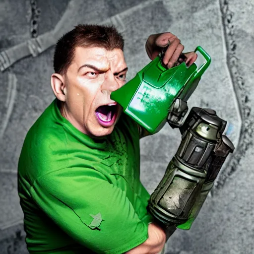 Prompt: doomguy from the videogame doom, green armor, trying to open a soda bottle, photographic, studio session