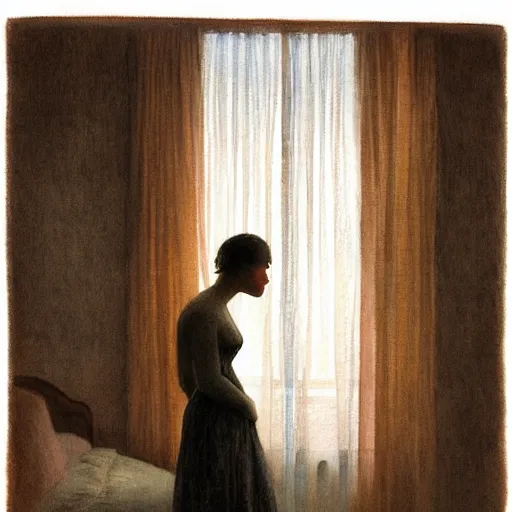 Prompt: a lonely girl in a liminal hotel room, watercolor by hammershøi, limited color palette, very intricate, art nouveau, highly detailed, lights by hopper, soft pastel colors, minimalist