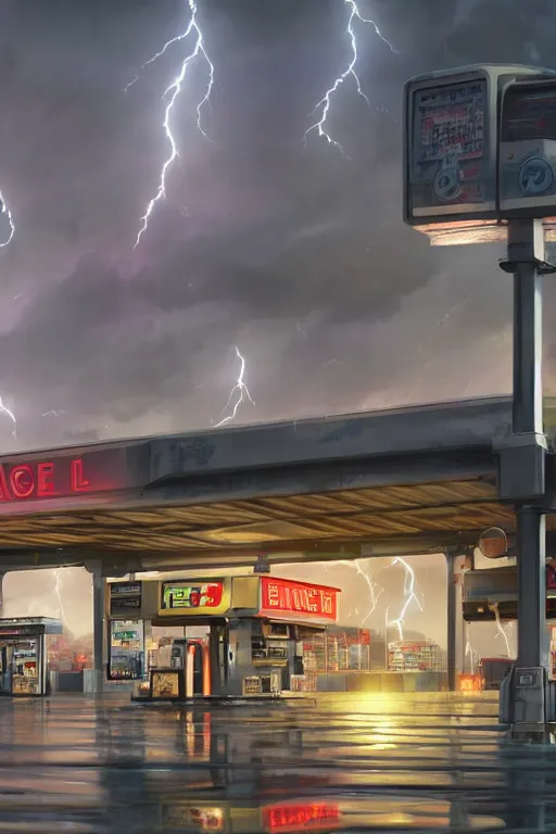 Image similar to a highly detailed matte painting of a single gas station with a sign in lightning storm and heavy rain by studio ghibli, makoto shinkai, by artgerm, by wlop, by greg rutkowski, volumetric lighting, octane render, 4 k resolution, trending on artstation, masterpiece