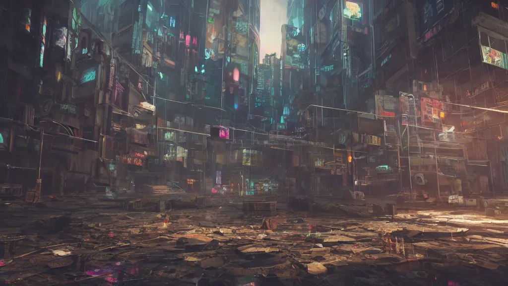 Image similar to exploring an abandoned, cyberpunk city, made in blender, octane render, cinematic, volumetric lighting, futuristic,, hyperrealistic, highly detailed, colourful 4 k hd