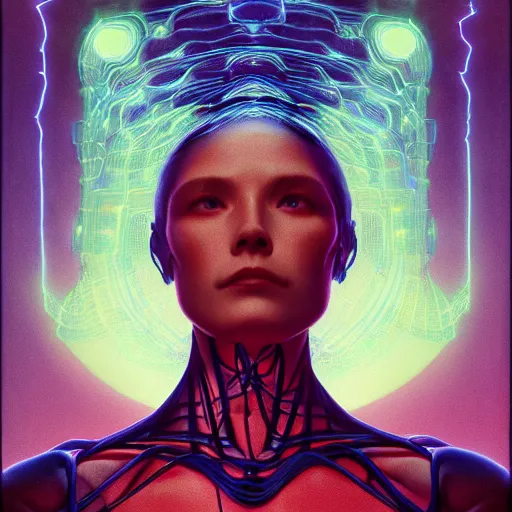 Image similar to Portrait Masterpiece, Wanda Maximoff, dynamic pose, glowing, wires everywhere, by Edgar Maxence and Ross Tran, Zdzisław Beksiński, and Michael Whelan, distant, gustav dore, H.R. Giger, 8k, octane render