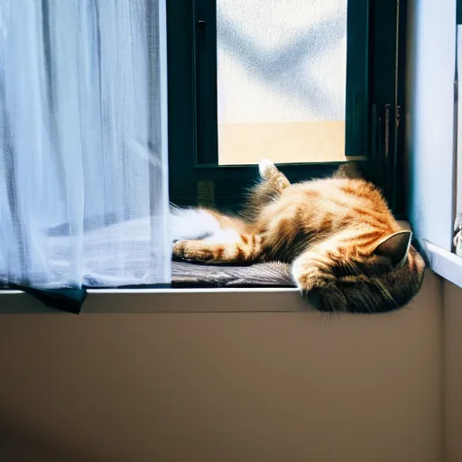 Prompt: a photo of a cat on it's side sleeping on a bed by a window with light coming in