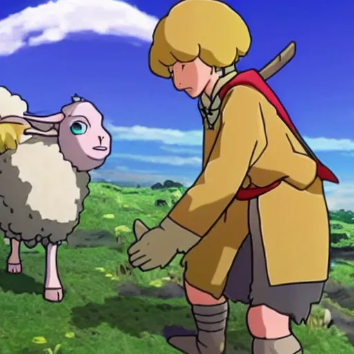 Image similar to king evan from ni no kuni 2 and a sheep