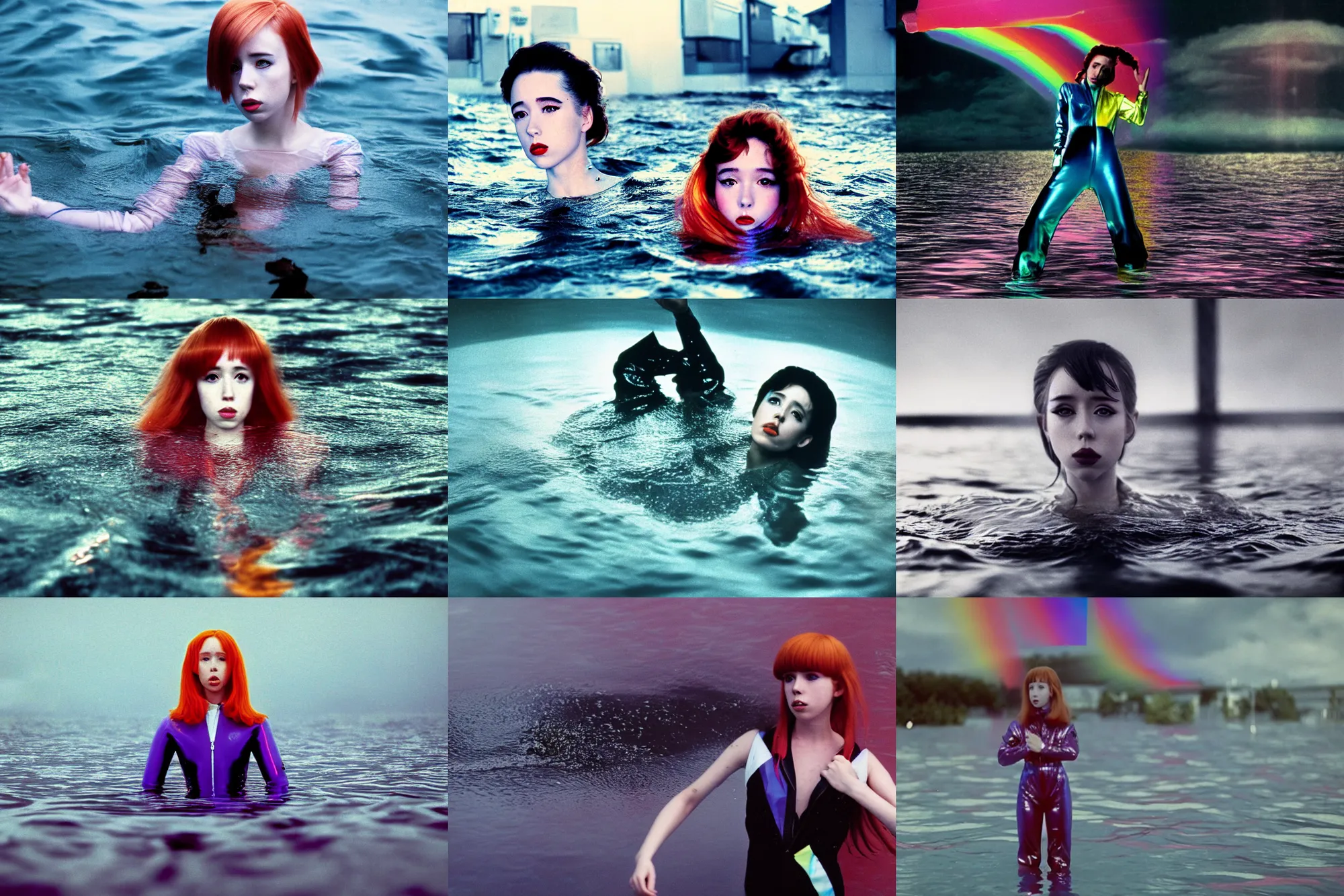 Prompt: Beautiful Holly Herndon style cottagecore seinen manga Fashion photography portrait tokyo top gun(1980) movie still from underwater space dance scene of model, wearing refracting rainbow diffusion wet plastic Balenciaga designed specular highlights anti-g flight jump suit, half submerged in heavy nighttime floods, water to waist, , épaule devant pose;pursed lips;athletic; pixie hair,eye contact, ultra realistic, Panavision Panaflex X , Technicolor, 8K, 35mm lens, three point perspective, tilt shift mirror kaleidoscope orbs background, extreme closeup portrait, chiaroscuro, highly detailed, by moma, by Nabbteeri by Sergey Piskunov