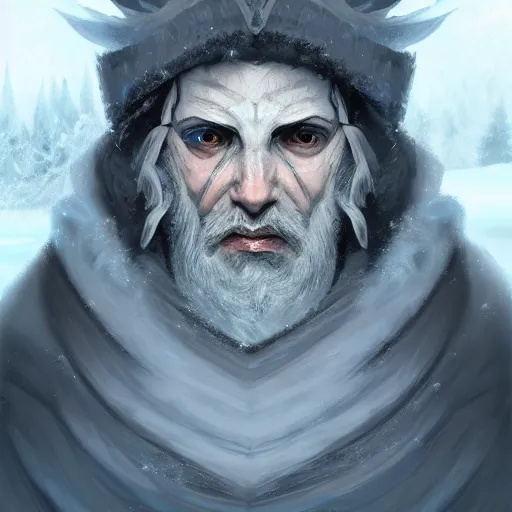 Image similar to auril, god of winter, owl faced crone, digital art, trending on artstation, portrait