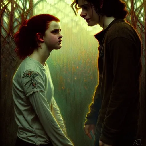 Image similar to Twilight version of Stranger Things, Portrait of Edward and Bella, diffuse lighting, fantasy, intricate, elegant, highly detailed, lifelike, photorealistic, digital painting, artstation, illustration, concept art, smooth, sharp focus, art by Artem Demura and Alphonse Mucha