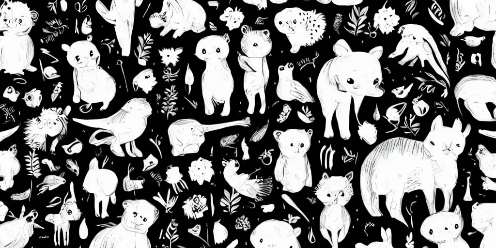 Image similar to cute animals and plants on a black background, wallpaper, Illustration, Anatomical Drawing, Painting