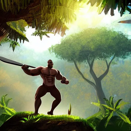 Prompt: a man with a big muscle holding a weapon in the middle of a jungle it's a sunny day and in the background there is a camp surrounded by a couple of trees digital concept art