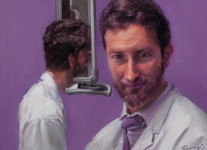 Image similar to a highly detailed purple portrait of a dentist, james gurney, james jean