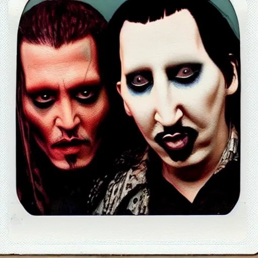 Image similar to A photorealistic polaroid image of Johnny Depp and Marilyn Manson performing together in a band. Trending on Artstation, featured on Behance, well-rendered, intricate, highly detailed, very crispy, Unreal Engine, 4K HD