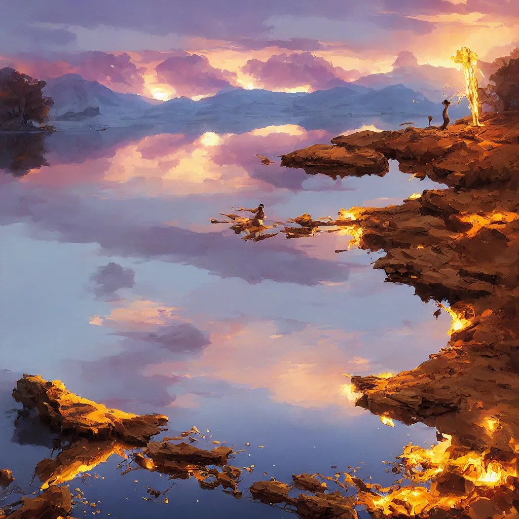 Image similar to lake, gold molten, by greg rutkowski, by rhads, by jesper ejsing