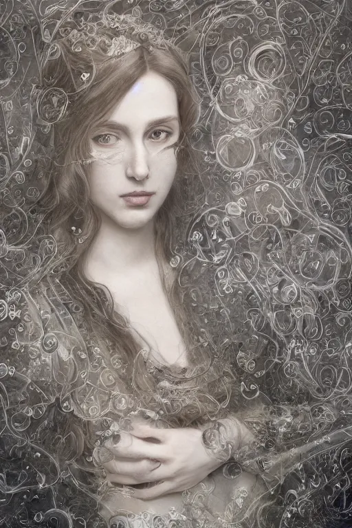 Image similar to An extremely beautiful pre-raphaelite intricate ultradetailed ornate portrait of a very beautiful elegant witch, regal, digital art painting, smooth, sharp focus, magazine art cover illustration, award winning picture, extremely detailed masterpiece, sense of awe, featured on Artstation, Artgerm, ethereal bubbles, Aetherpunk, atmospheric lightning, backlit, concept art, Exquisite matte painting, floral details, 8K detail post-processing