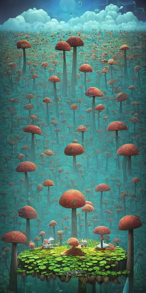 Prompt: surreal mushroom kingdom, floating island in the sky, water pipes in the ground, summer morning, very coherent and colorful high contrast, art by!!!! gediminas pranckevicius!!!!, geof darrow, dark shadows, hard lighting