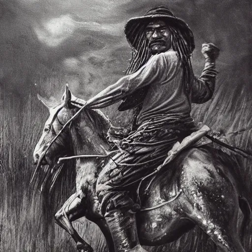 Image similar to portrait of head and body, single bangla farmer fighting on hoseback, hand to hand combat with machete, full body view, long flowing hair, fighting for his life, nebula aura surrounding subject, horseback combat attacker foreground, background of invading army, nestor canavarro hyperrealist art style, sharp outlines