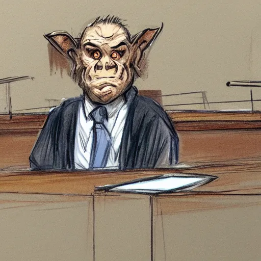 Prompt: a vivid courtroom sketch of a goblin testifying on trial,