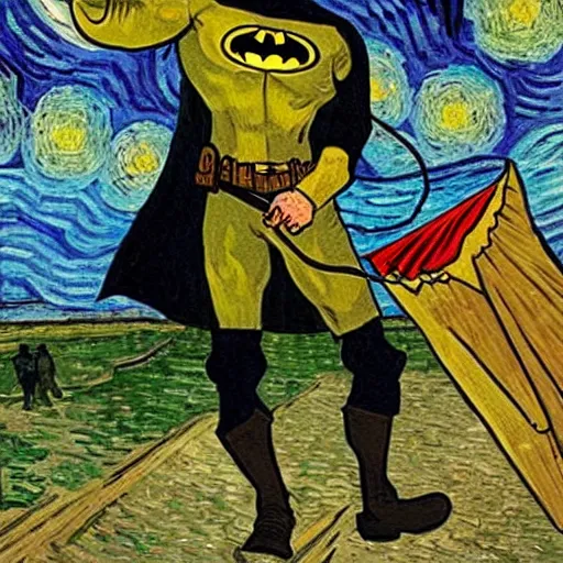 Image similar to batman flying a kite, van gogh painting,